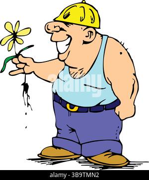 Eine abstrakte Vektor-Illustration zeigt einen Bauarbeiter, der Blume Gänseblümchen im Zeichentrickstil pflückt Stock Vektor