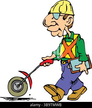 Eine abstrakte Vektorabbildung zeigt einen Arbeiter, der Entfernungen im Cartoon-Stil überprüft Stock Vektor