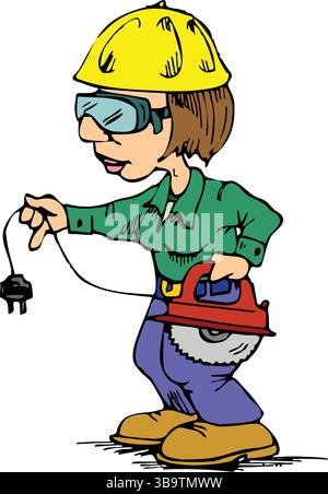 Eine abstrakte Vektor-Illustration zeigt eine Tischlerin, die eine Kreissäge im Cartoon-Stil hält Stock Vektor