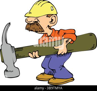 Eine abstrakte Vektor-Illustration zeigt einen Mann Bauarbeiter, der einen großen Handhammer im Cartoon-Stil trägt Stock Vektor