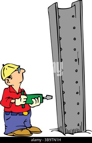 Eine abstrakte Vektor-Illustration zeigt einen Arbeiter, der eine Nietpistole im Cartoon-Stil verwendet Stock Vektor