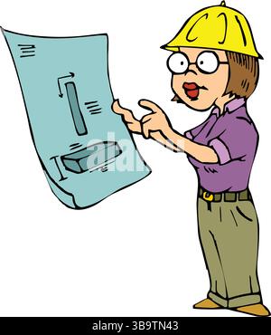 Eine abstrakte Vektor-Illustration zeigt eine Bauherin, die eine architektonische Zeichnung im Cartoon-Stil betrachtet Stock Vektor