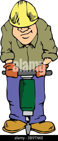 Eine abstrakte Vektor-Illustration zeigt einen Arbeiter, der den Schlaghammer im Zeichentrickstil verwendet Stock Vektor