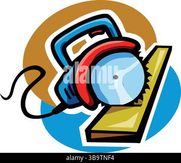 Eine abstrakte Vektor-Illustration zeigt eine Kreissäge, die Holzplatten im Cartoon-Stil sägt Stock Vektor