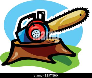 Eine abstrakte Vektor-Illustration zeigt eine Kettensäge, die einen Baumstamm isometrisches Symbol im Cartoon-Stil schneidet Stock Vektor