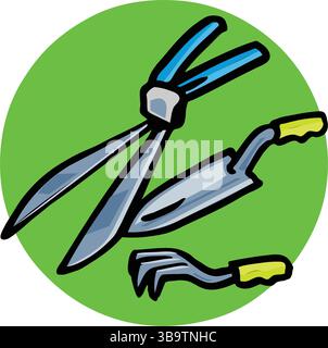Eine abstrakte Vektor-Illustration zeigt einen Spaten und Scheren und Handrechen Gartenwerkzeuge im Cartoon-Stil Stock Vektor