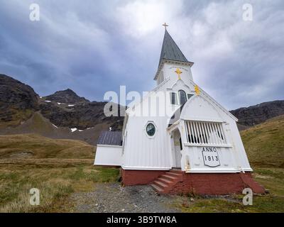 Blick auf die Kirche in der historischen Walfangstation in Grytviken, Südgeorgien, 23. Dezember 2024. Stockfoto