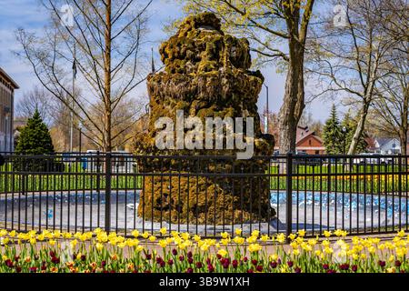 Foto des Coral Rock Fountain im Centennial Park in Holland Michigan mit einzigartigem Mauerwerk und friedlicher Gartenumgebung. Stockfoto