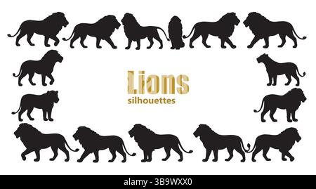 Lion Silhouette Set – 14 majestätische Big Cat-Posen für dynamische Designs Stock Vektor
