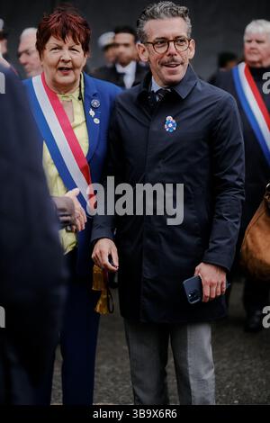 80. Jahrestag der Befreiung der Poche de Lorient. Nicole Le Peih, Stellvertreterin von Morbihan, et Ronan Loas, Bürgermeister von Ploemeur bei der offiziellen Zeremonie. Lorient La Base, Frankreich, am 10. Mai 2025. Foto: Marie-Paola Bertrand-Hillion/ABACAPRESS.COM Credit: Abaca Press/Alamy Live News Stockfoto