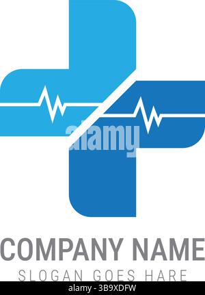 Abstraktes blaues medizinisches Kreuz-Logo mit Heartbeat-Liniendesign für das Branding-Symbol des Unternehmens im Gesundheitswesen, in der Klinik, im Krankenhaus oder im Notfall Stock Vektor