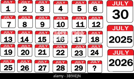 Juni- und juli-Kalender 2025 und 2026 – Druckbare Vektorvorlage mit Symbolen für das tägliche Datum, sauberem Layout und rotem Kopfzeilendesign Stock Vektor