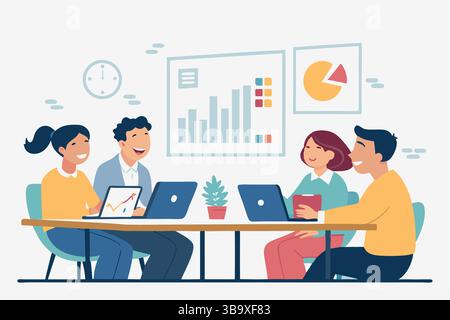 Happy Business Team Meeting Zusammenarbeit Erfolg Wachstumsstrategie Teamwork Office Analytics Diagramme Diagramme Datenprojekt Stock Vektor