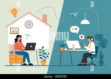 Remote Work Collaboration Frau zu Hause Mann im Büro vernetzte Teamarbeit virtuelle Kommunikation Online-Meeting Digital Stock Vektor
