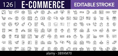 E-Commerce 126 Symbole setzen modernen editierbaren dünnen Strichlinienstil auf isoliertem weißen Hintergrund Stock Vektor
