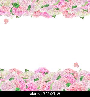 Aquarellrahmen von Hand gezeichneten rosa, hellgrünen und korallenhortensie Blumen isoliert auf einem weißen Hintergrund. Horizontale Seitenvorlage. Stockfoto