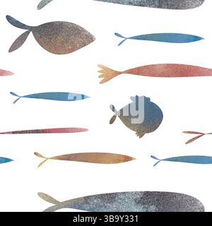 Farbenfrohe Fische und ein Wal in einem nahtlosen Aquarellmuster. Handgezeichnete digitale Illustration im niedlichen Kinderstil. Perfekt für Kinderdekor, Bücher Stockfoto