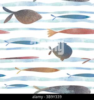 Nahtloses Muster und Borte mit bunten Fischen im Aquarellstil und blauen Wellenlinien. Handgezeichnete digitale Illustration für Kinderdekor, Buch Stockfoto