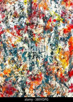 Abstraktes Acrylkunstwerk mit Farben, die zufällig auf Leinwand getupft wurden. Stockfoto