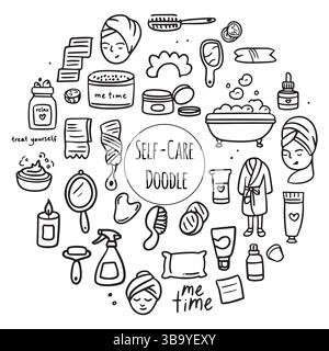 Doodle Skin Care Kosmetik Set. Schönheitsset. Schönheitsschilder, Spa-Salon und Selbstpflegefiguren. Stock Vektor