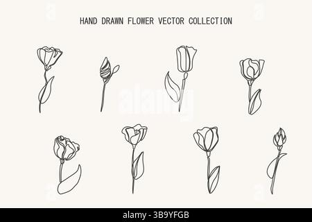 Sammlung handgezeichneter Gartenblumen. Wunderschön blühende elegante Natur Set von zeichnenden botanischen Pflanzen. Line Art Design Stock Vektor