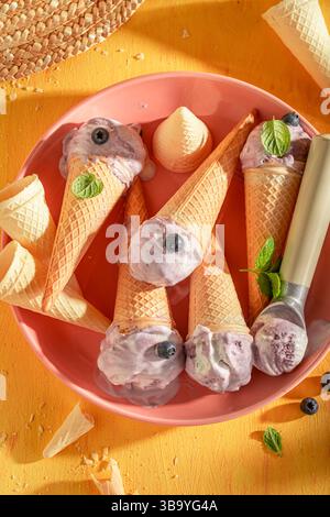 Hausgemachtes und leckeres Heidelbeereis in Waffelkegel. Eis aus Sahne und Heidelbeeren. Stockfoto