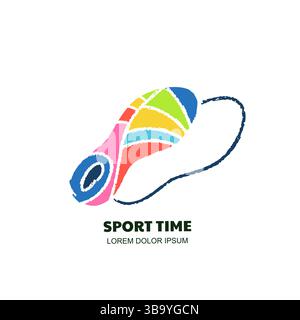 Mehrfarbiger Fußaufdruck des Logozeichens von Laufschuhen. Abstrakter Sportschuh, Schuhemblem. Vektor-Buntstift, Kreidesykone Design für Marathon Banner Stock Vektor