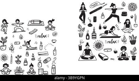 Eine kuratierte Sammlung von Yoga-Kritzeleien mit Posen und Symbolen für Wellness-Enthusiasten Stock Vektor