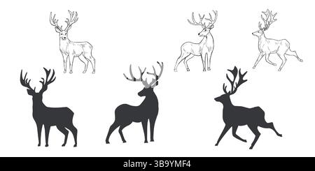 Hirsch Hand gezeichnet schwarz weiß Umrissvektor Set Illustration. Waldtiere Rentier mit Geweih monochrome Skizze für Winter- und Weihnachtsmotive Stock Vektor