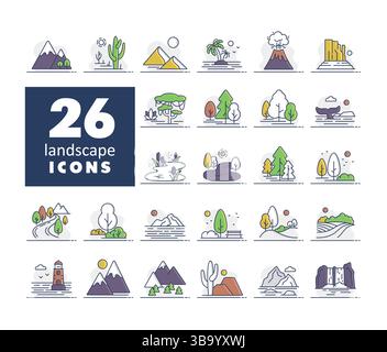 Vektorsymbole für Naturlandschaften. Naturzeichen. Diagrammsymbol für Reise- und Tourismuswebsite und Apps Design, Logo, App, UI Stock Vektor