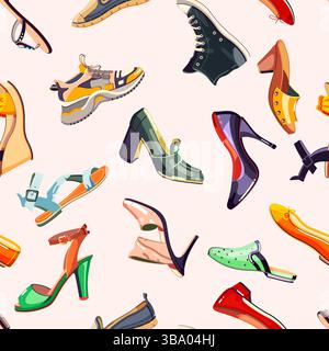 Modische Damenschuhe nahtloses Muster. Flache Zeichentrickvektorillustration von Frauenschuhen auf rosa Hintergrund. Stoff, Geschenkpapier, Textildruck, S. Stock Vektor