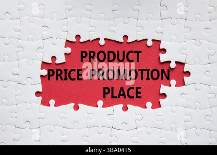 Symbol für Produktpreis Promotion-Ort. Weißes Puzzle mit den Worten Product Price Promotion Place. Schöner roter Hintergrund. Geschäftskonzept. Kopierbereich. Stockfoto
