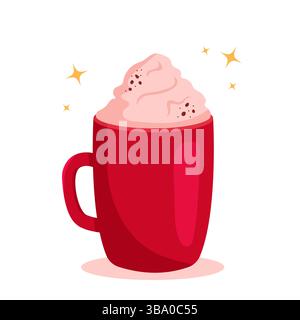 Heiße Schokolade oder Kaffee mit Schlagsahne in roter Tasse. Gemütliche Vektor-Illustration im Cartoon-Stil. Stock Vektor