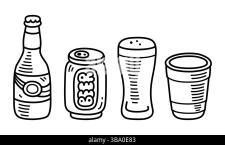 Bierkritzelsatz: Bierflasche, Aluminiumdose, Glas und Plastikbecher. Niedliche handgezeichnete Zeichentrickskizzen. Isolierte Vektordarstellung. Stock Vektor
