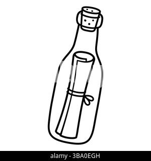 Nachricht in einer Flaschenzeichnung. Schwarz-weiße Strichgrafik, einfache handgezeichnete Kritzelvektorillustration. Stock Vektor