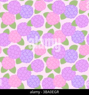 Rosa und lila Hortensie Blumen nahtlos Muster, einfache Zeichentrickserie. Vektor-Clipart-Illustration. Stock Vektor
