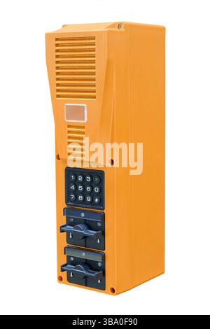 Bruchfeste orangefarbene Notrufzentrale, Sprechanlage, isoliert auf weißem Hintergrund Stockfoto