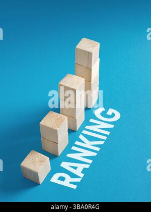Rangfolge erhöhen. Suchmaschinenoptimierung SEO-Rankings-Konzept. Aufsteigende Holzwürfel auf blauem Hintergrund, symbolisiert Rangfolge Wachstum und Erfolg i Stockfoto