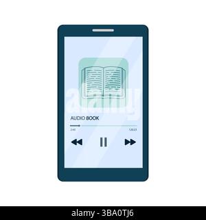 Hörbuchkonzept. Smartphone mit einer Anwendung zum Hörbuch auf dem Bildschirm. Isolierte Vektor-Illustration in flachem Cartoon-Stil. Stock Vektor