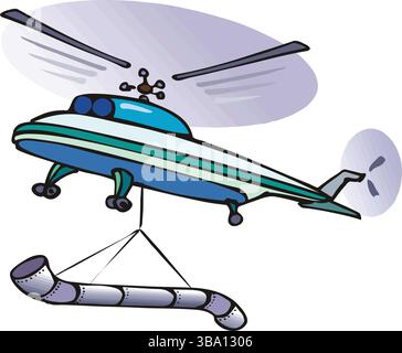 Eine abstrakte Vektor-Illustration zeigt einen Hubschrauber, der ein Rohr im Cartoon-Stil transportiert Stock Vektor