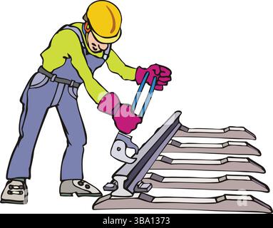 Eine abstrakte Vektor-Illustration zeigt einen Bauarbeiter, der Eisenbahngleise im Cartoon-Stil verlegt Stock Vektor