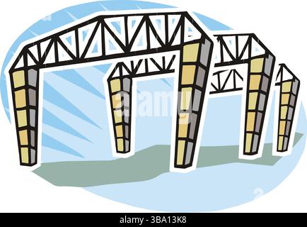 Eine bunte Abbildung eines Brückengerüsts mit schwarzen Stahlträgern und gelben und grauen Stützen Stock Vektor
