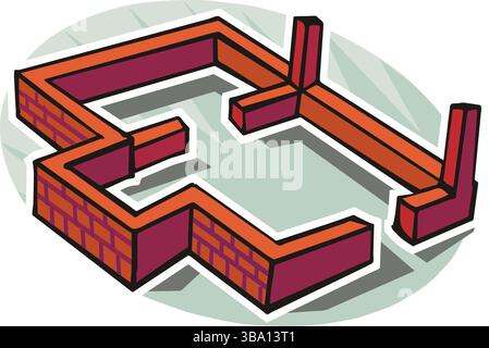 Eine farbenfrohe Illustration eines Mauerfundaments mit orange und Ziegeln, die in einem rechteckigen Layout angeordnet sind Stock Vektor