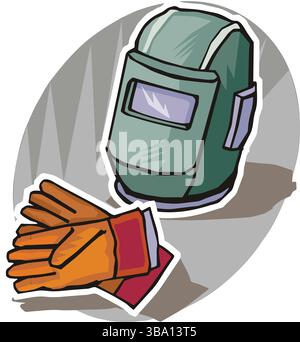 Eine farbenfrohe Illustration mit einem grünen Schweißhelm und einem Paar orangefarbenen Schweißhandschuhen mit roten Manschetten Stock Vektor