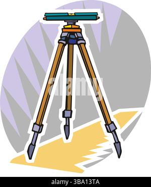 Eine farbenfrohe Abbildung eines Vermessungsstativs mit Holzbeinen und einem blauen Nivellierinstrument oben Stock Vektor