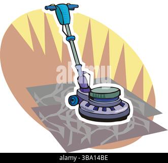 Eine farbenfrohe Illustration einer violetten und blauen Bodenpuffermaschine mit grünem Pad auf einem grauen strukturierten Boden Stock Vektor