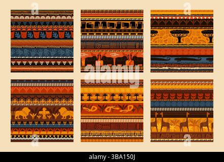 Nahtloses ethnisches Muster. Abstrakte Natur, Tiere und geometrische Malerei. Primitives indisches Ethno-Textil. „Tribal Repeat“-Kunstdruck. Einheimische Ornamente. Vektor afrikanischer Boho-Stil Hintergründe gesetzt Stock Vektor