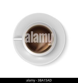 Realistische Kaffeetasse von oben. 3-Tassen-Teller mit Americano oder Cappuccino, heißem aromatischem arabica-Getränk, heißem Espresso, weißem Keramikgeschirr, Menüelement. Vektor-isolierte Abbildung Stock Vektor