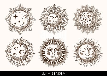 Sonnenmondgesicht. Handgezeichnete alte Tagesskizze im antiken Retro-Stil, Astrologie-Tattoo mit Tuschsichel. Handgezeichnete dekorative isolierte Elemente. Planeten im Raum, Vektorsymbole im Bohème-Stil Stock Vektor
