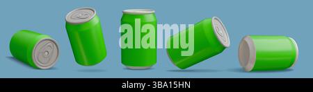3D-Bierdose. Limonade. Saftputzbehälter oder Wasserproduktdose. Metallzylinder unterschiedliche Blickwinkel. Transparentes Aluminiumgehäuse. Tonikum vorne und seitlich Stock Vektor